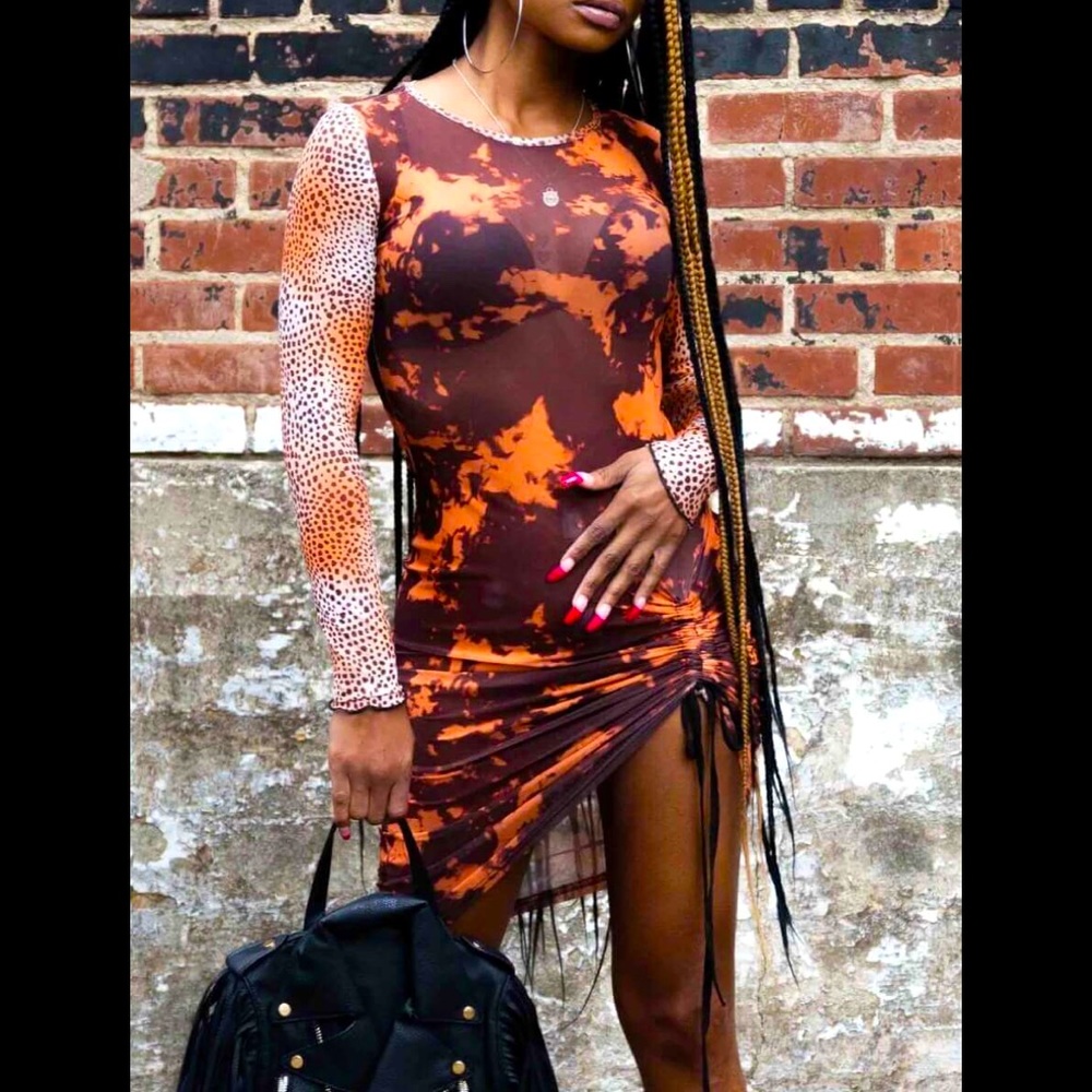 Dull Red Camouflage Gorgeous Sequin Sleeves  Side Ruched Drawstring Mini Dress